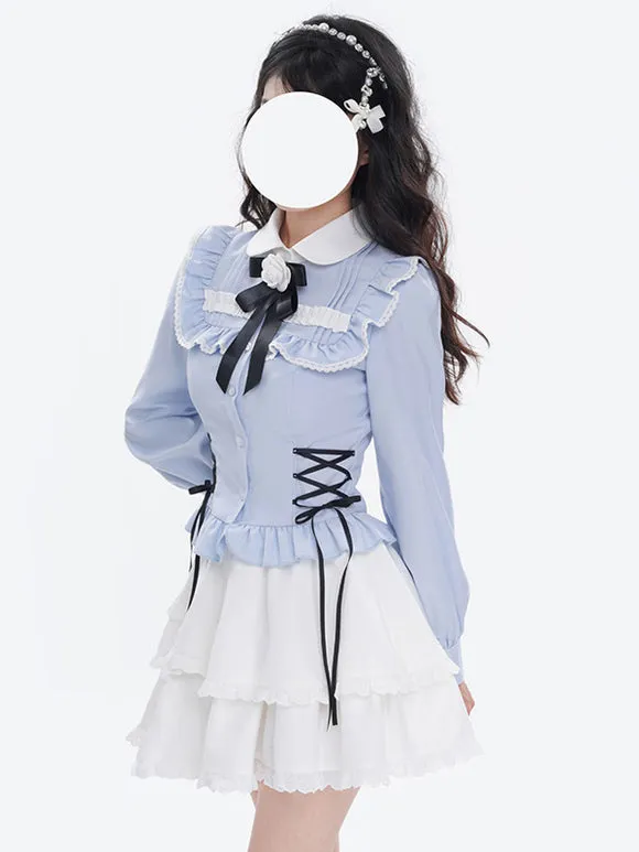 Sweet Lolita Blouses Light Sky Blue Long Sleeves Lace Up Bows Lolita Top Lolita Shirt