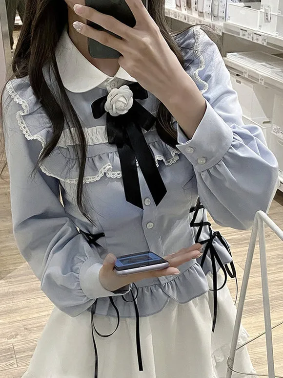 Sweet Lolita Blouses Light Sky Blue Long Sleeves Lace Up Bows Lolita Top Lolita Shirt