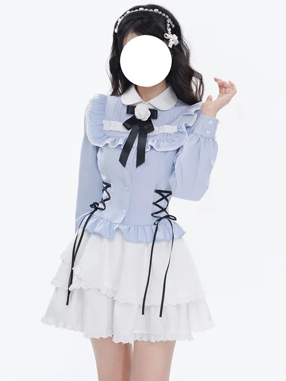 Sweet Lolita Blouses Light Sky Blue Long Sleeves Lace Up Bows Lolita Top Lolita Shirt
