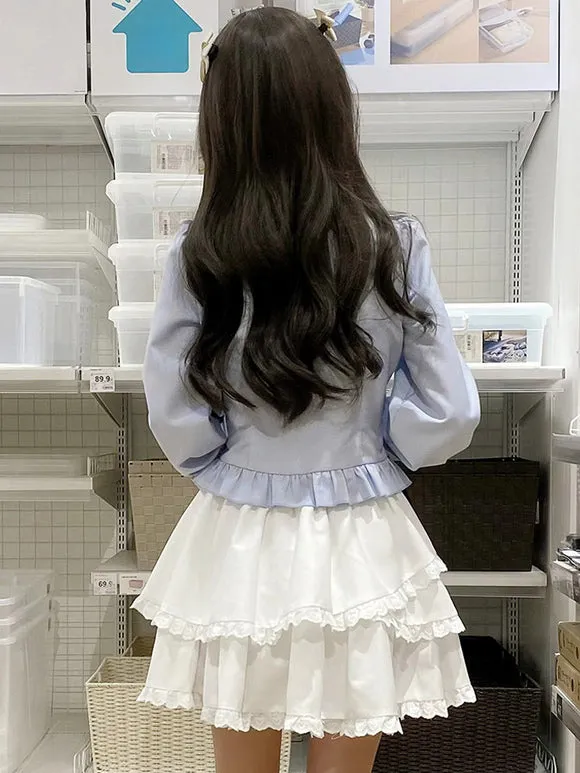 Sweet Lolita Blouses Light Sky Blue Long Sleeves Lace Up Bows Lolita Top Lolita Shirt