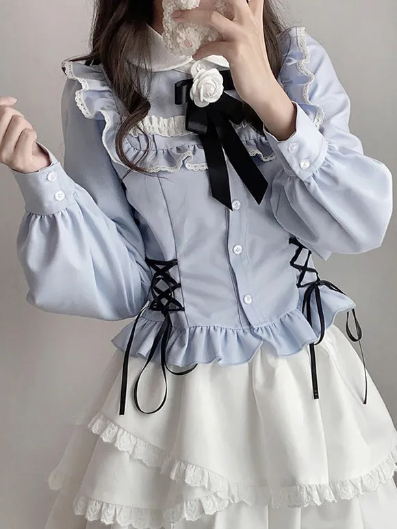 Sweet Lolita Blouses Light Sky Blue Long Sleeves Lace Up Bows Lolita Top Lolita Shirt