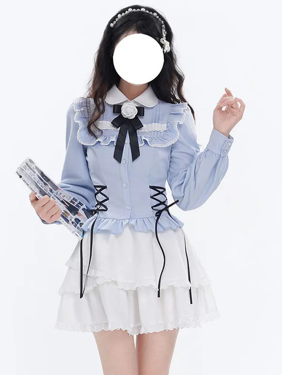 Sweet Lolita Blouses Light Sky Blue Long Sleeves Lace Up Bows Lolita Top Lolita Shirt