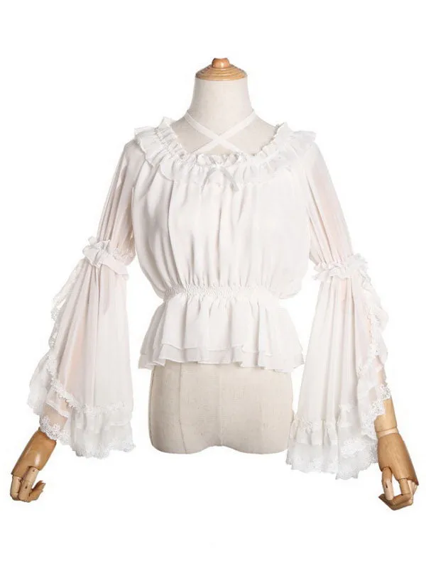 Sweet Lolita Blouses Neverland Lolita Top White Long Sleeves Poms Floral Print Lolita Shirt