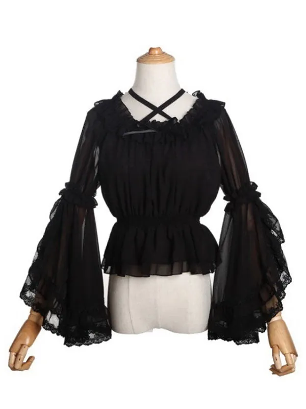 Sweet Lolita Blouses Neverland Lolita Top White Long Sleeves Poms Floral Print Lolita Shirt