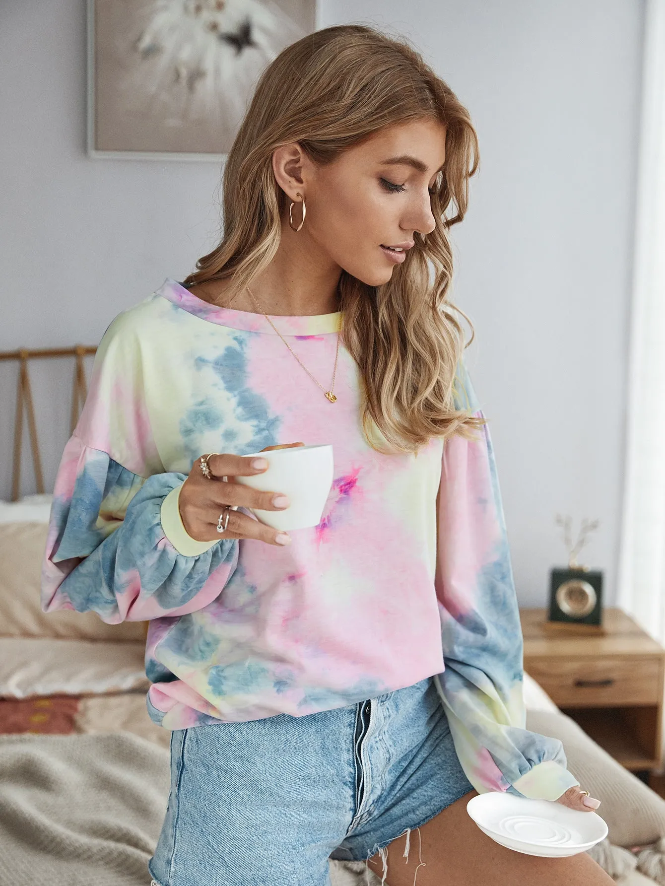 Tie Dye Loungewear Bubbles Long Sleeves Blouses T-shirts