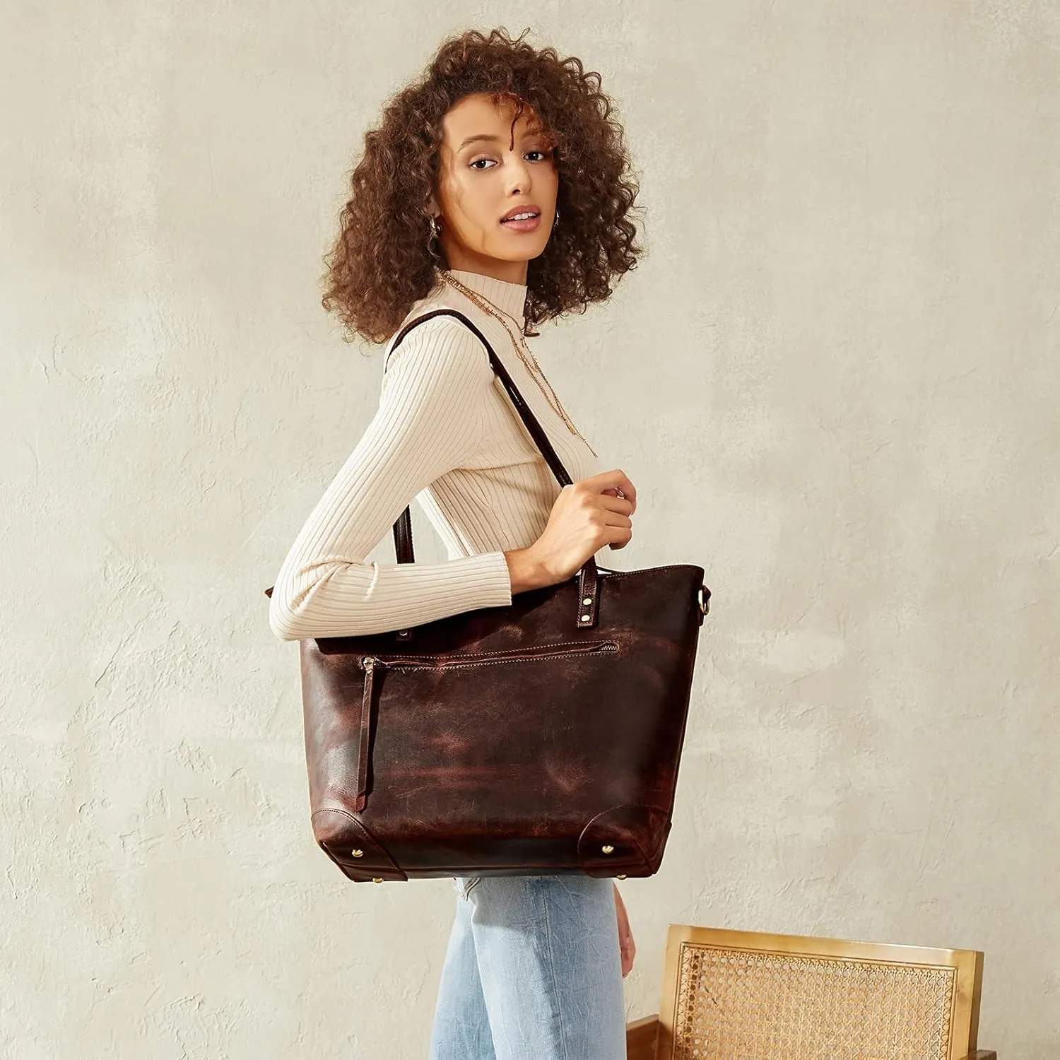 Vintage Genuine Leather Shoulder Bag, Work Handbag for Women with Back Zipper Pocket Large