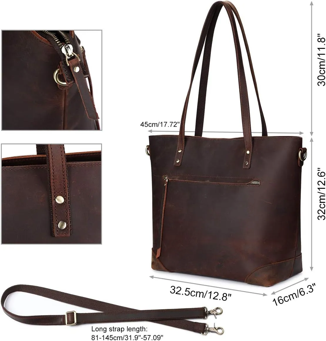 Vintage Genuine Leather Shoulder Bag, Work Handbag for Women with Back Zipper Pocket Large