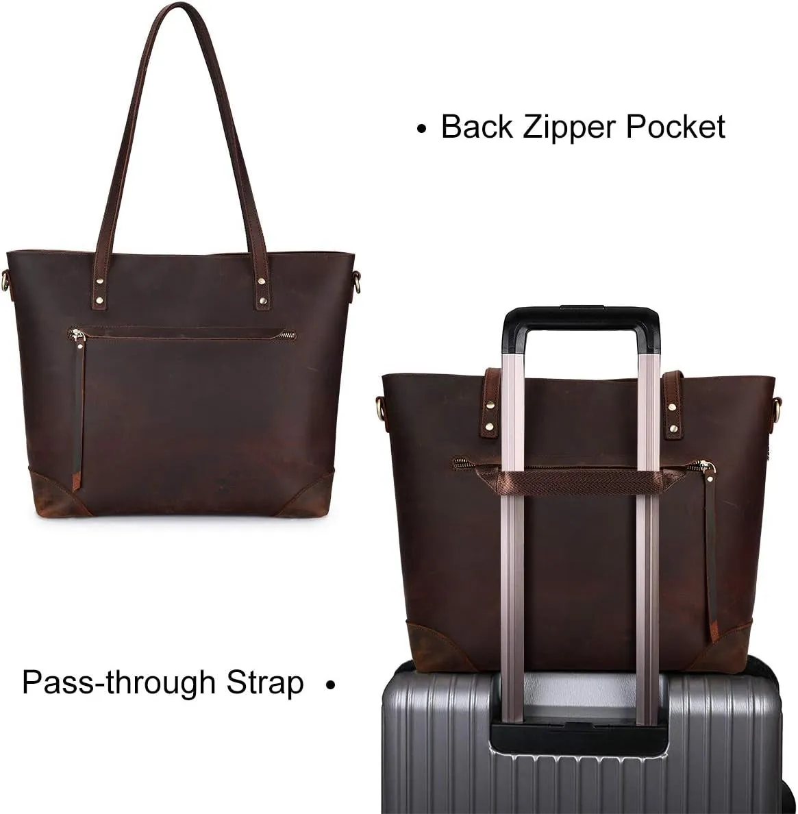 Vintage Genuine Leather Shoulder Bag, Work Handbag for Women with Back Zipper Pocket Large