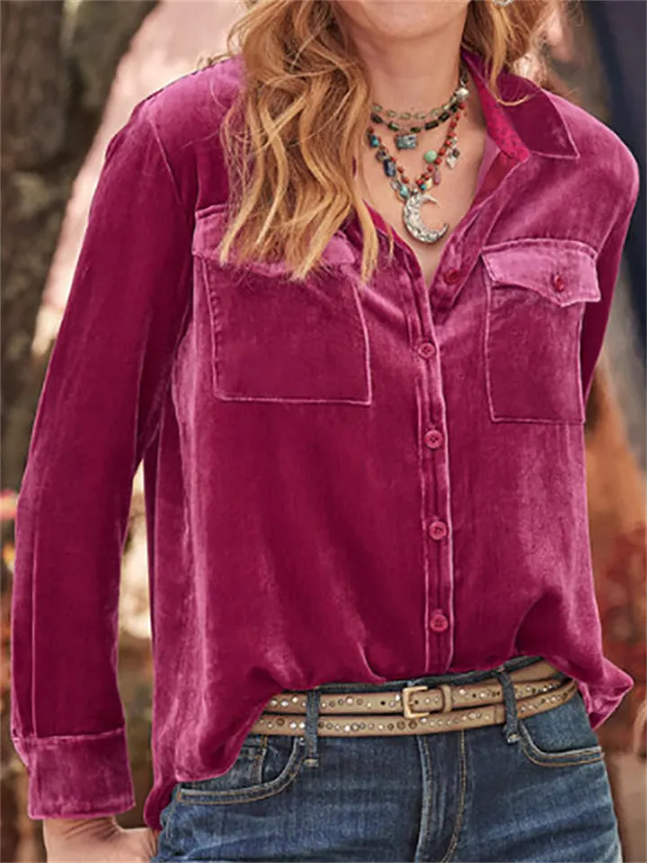 Vintage Long Sleeve Lapel Velvet Blouses for Ladies