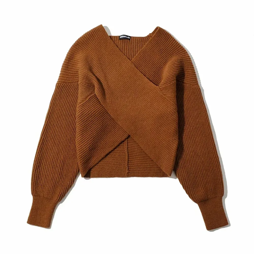 Vintage V-neck Batwing Sleeve Cross Design Knit Sweaters