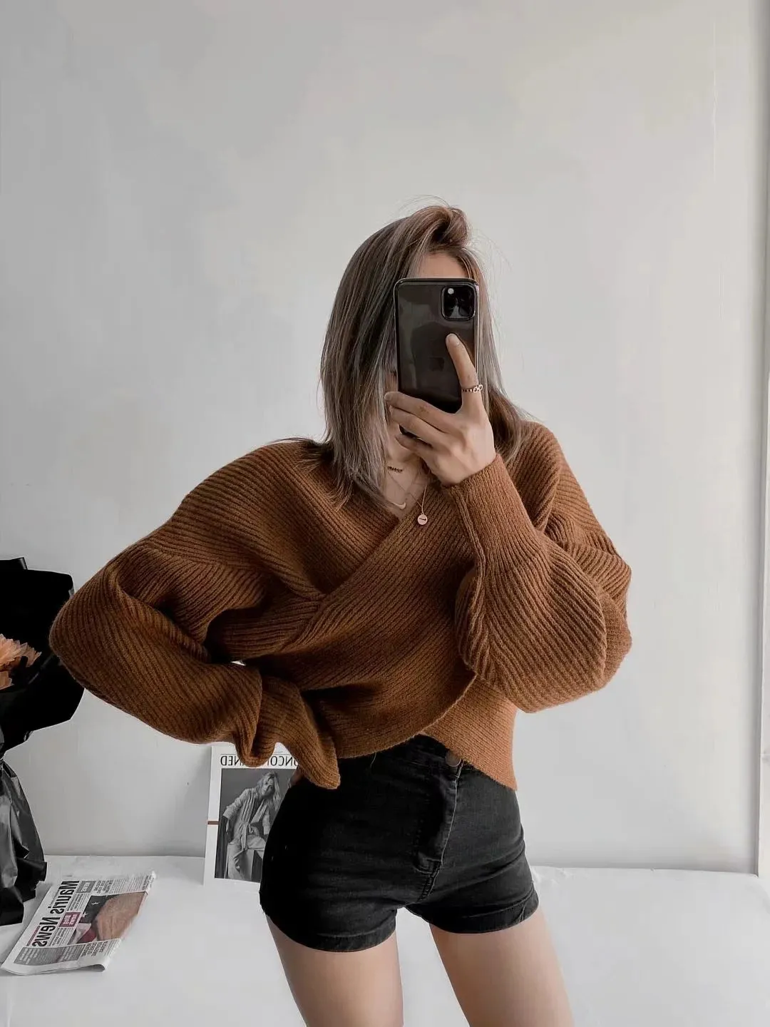 Vintage V-neck Batwing Sleeve Cross Design Knit Sweaters