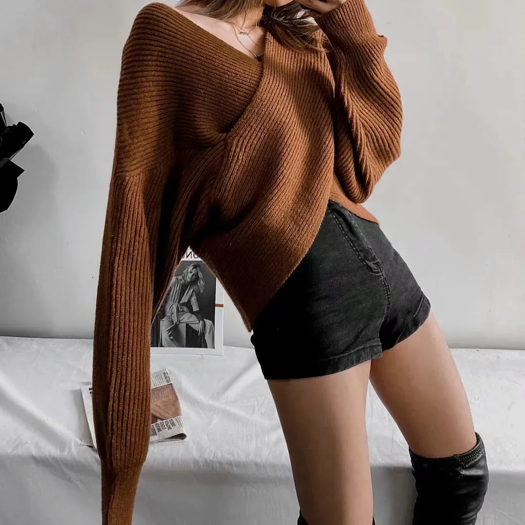 Vintage V-neck Batwing Sleeve Cross Design Knit Sweaters