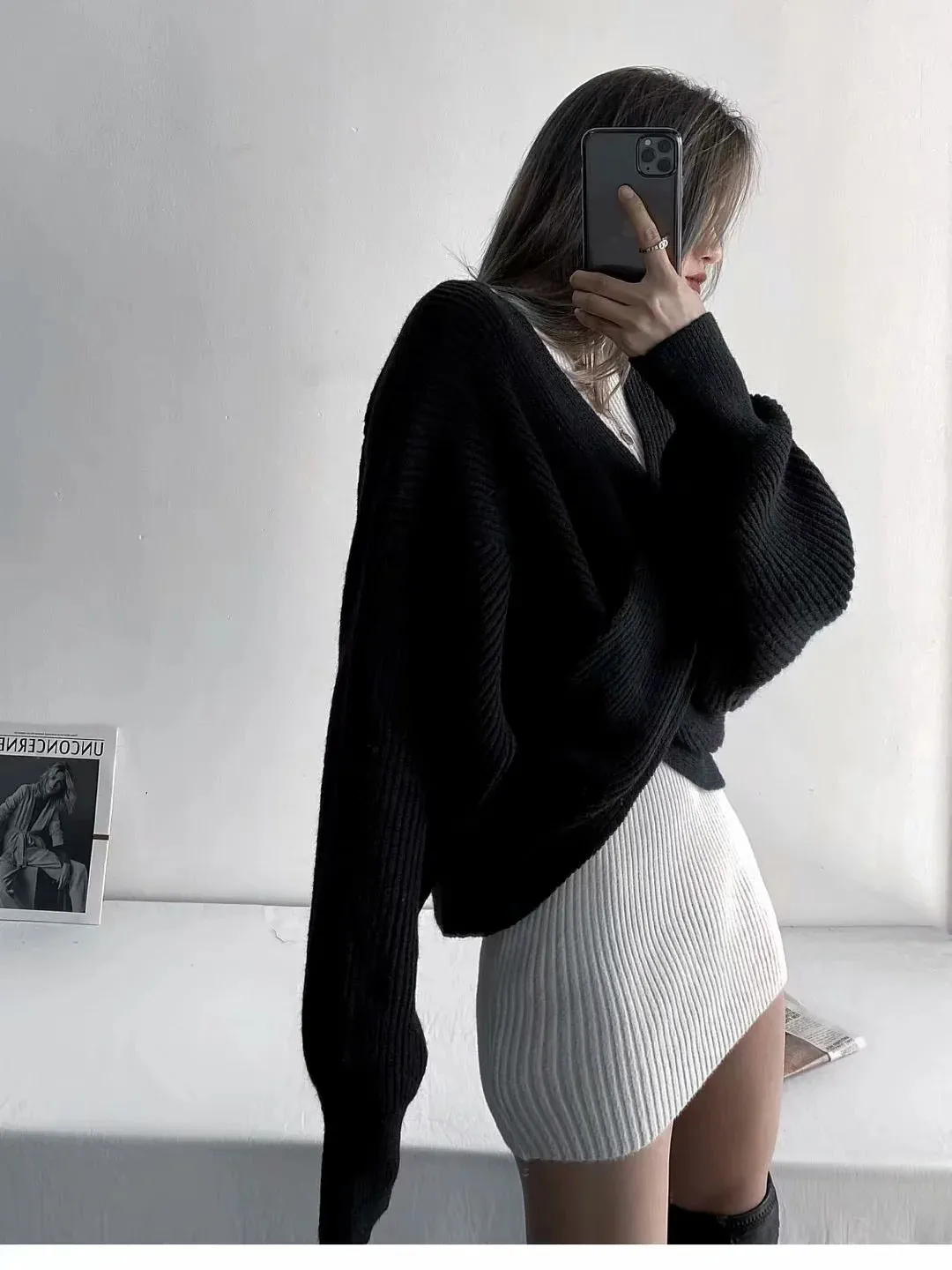 Vintage V-neck Batwing Sleeve Cross Design Knit Sweaters