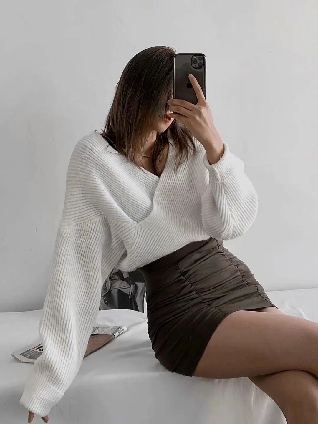 Vintage V-neck Batwing Sleeve Cross Design Knit Sweaters