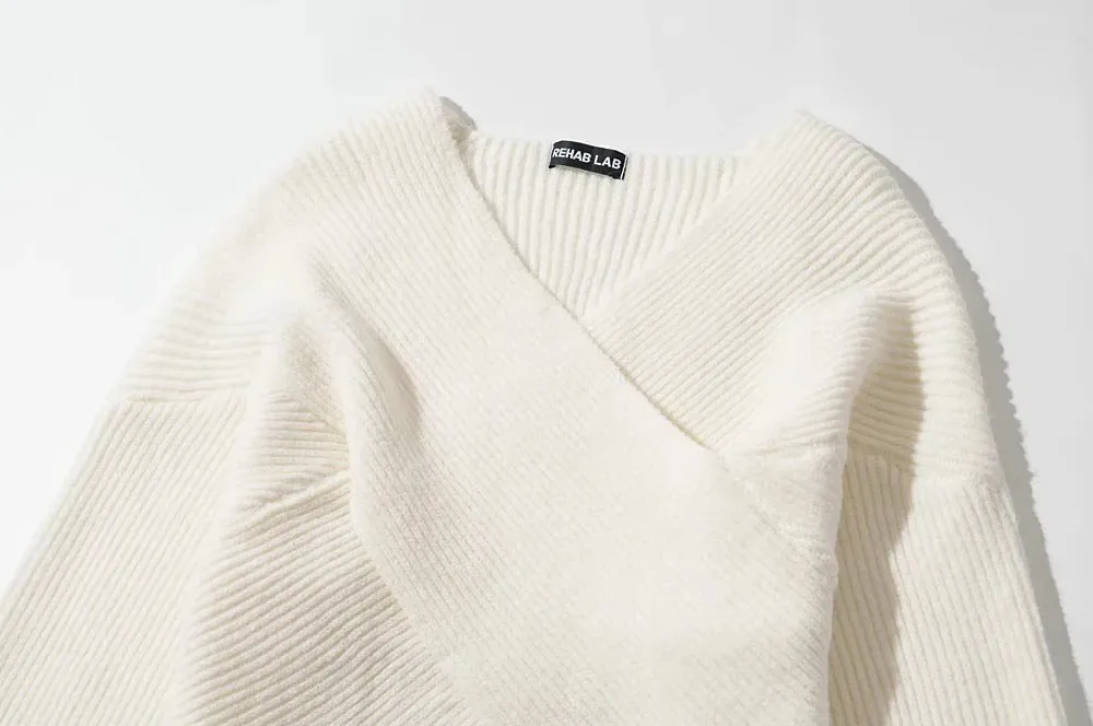Vintage V-neck Batwing Sleeve Cross Design Knit Sweaters