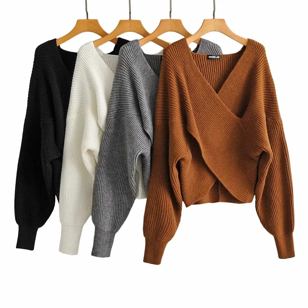 Vintage V-neck Batwing Sleeve Cross Design Knit Sweaters