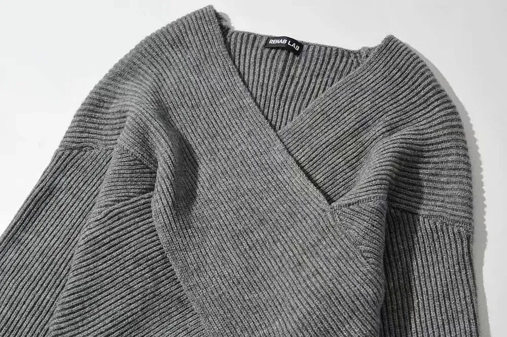 Vintage V-neck Batwing Sleeve Cross Design Knit Sweaters