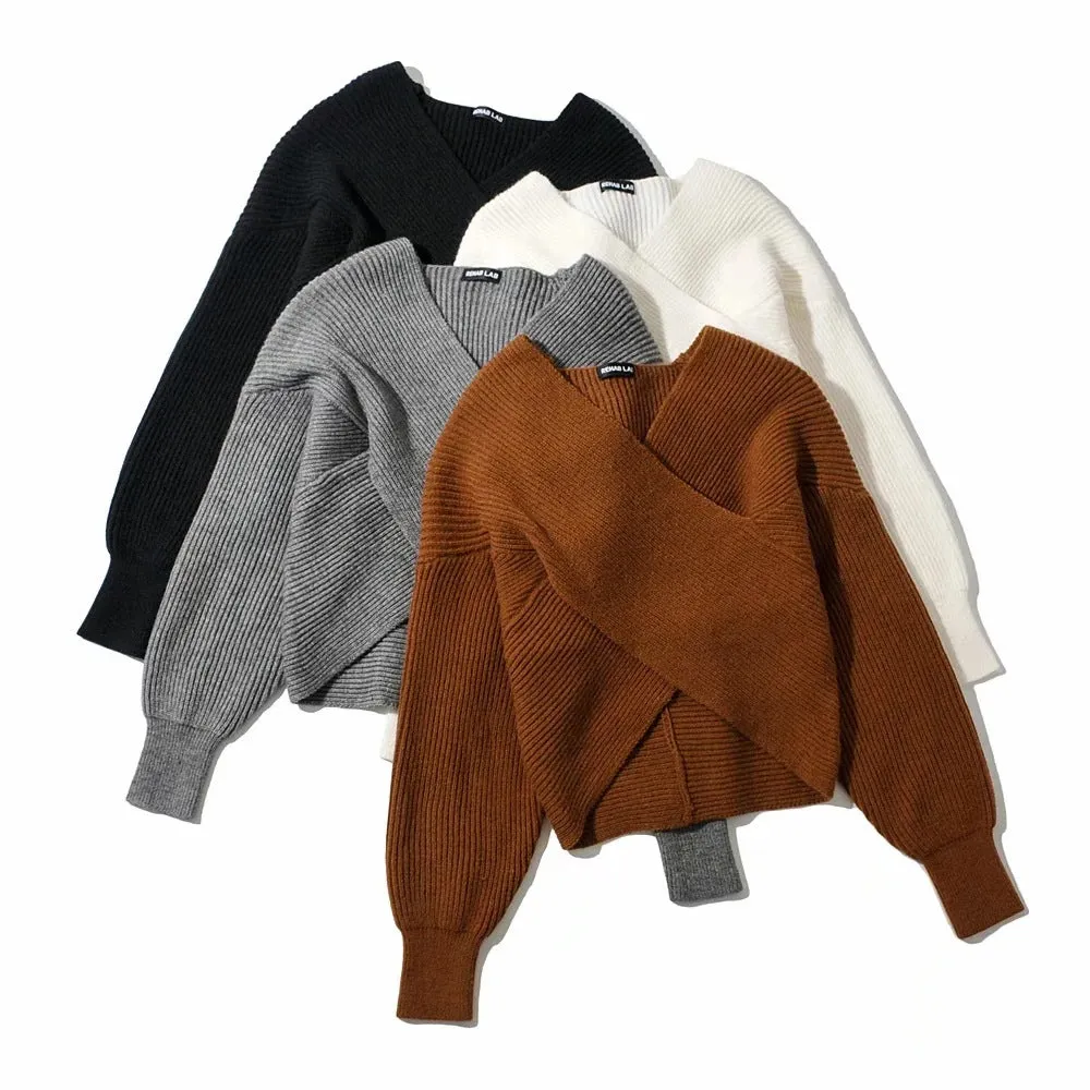 Vintage V-neck Batwing Sleeve Cross Design Knit Sweaters