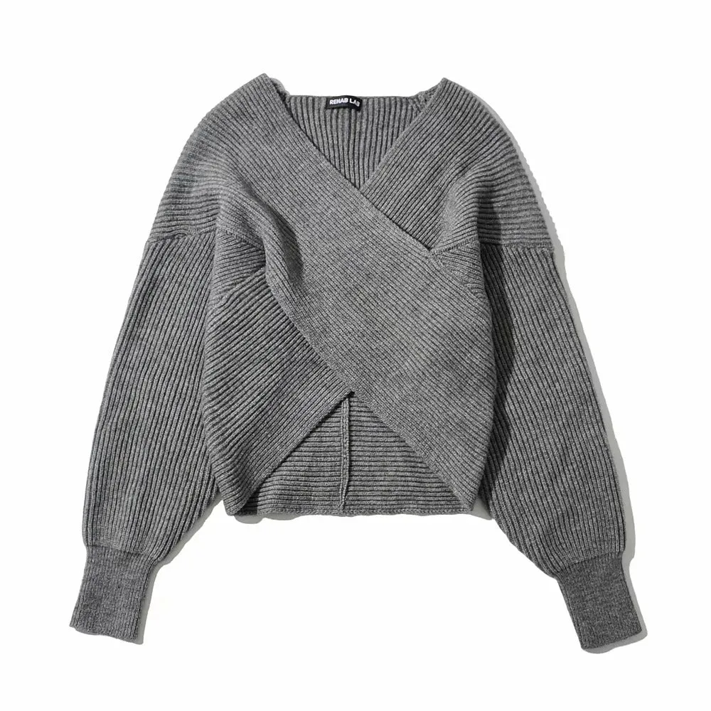 Vintage V-neck Batwing Sleeve Cross Design Knit Sweaters
