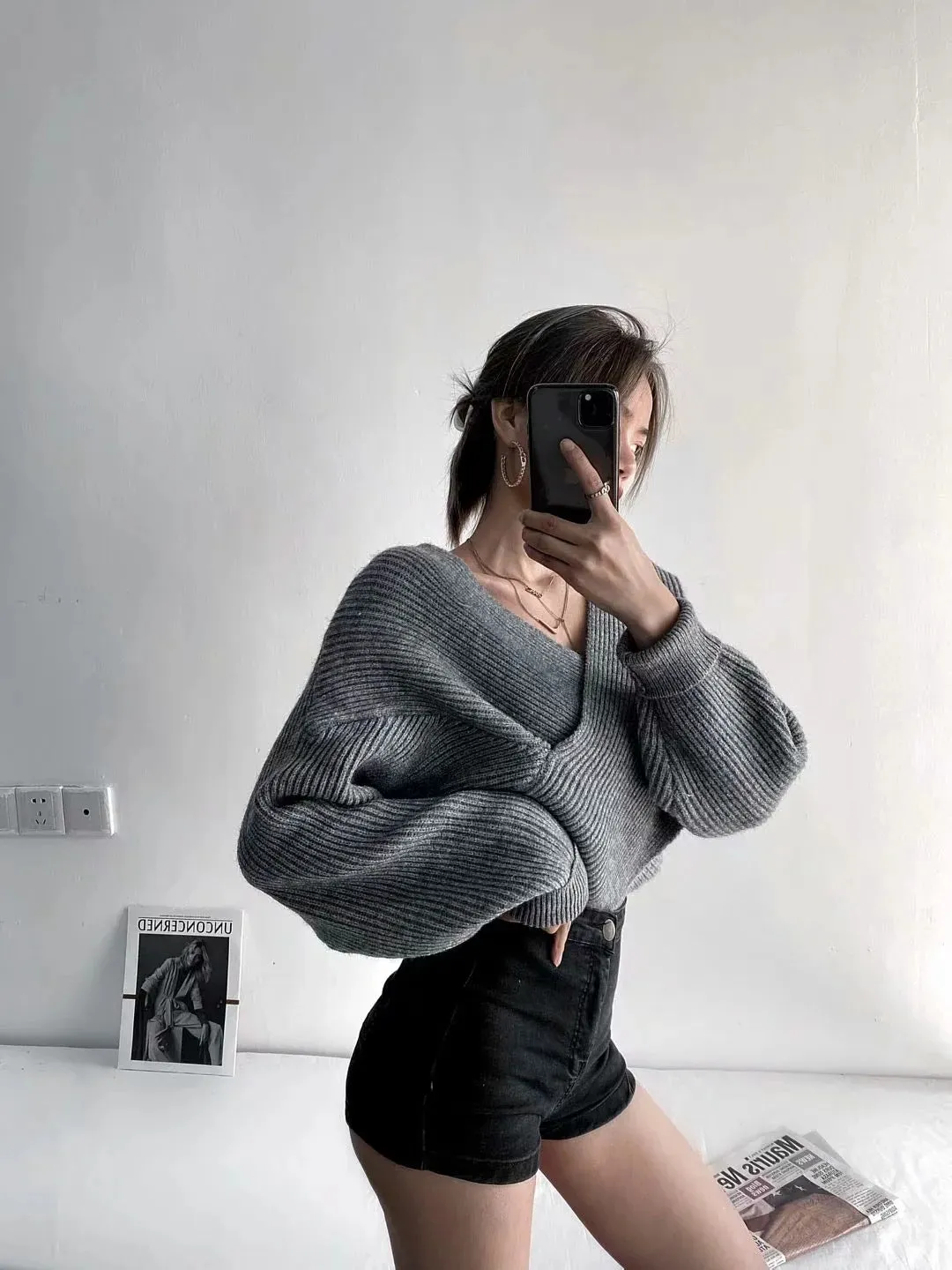 Vintage V-neck Batwing Sleeve Cross Design Knit Sweaters