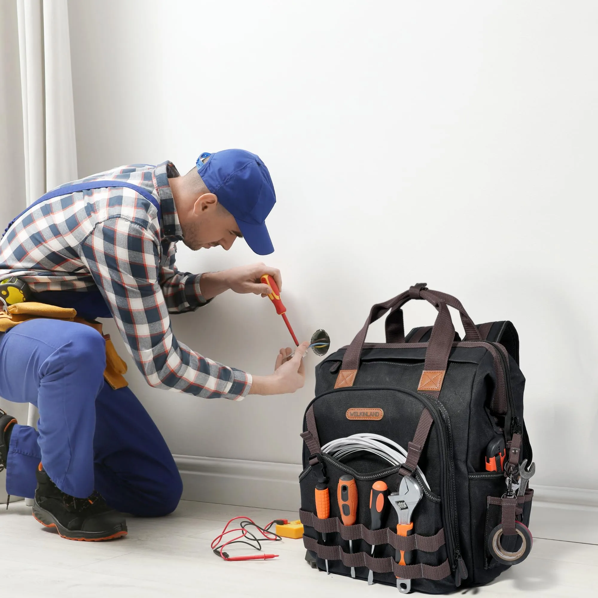 WELKINLAND Waxed- Canvas Tool Backpack, Heavy-Duty Open-Top electrician tool backpack