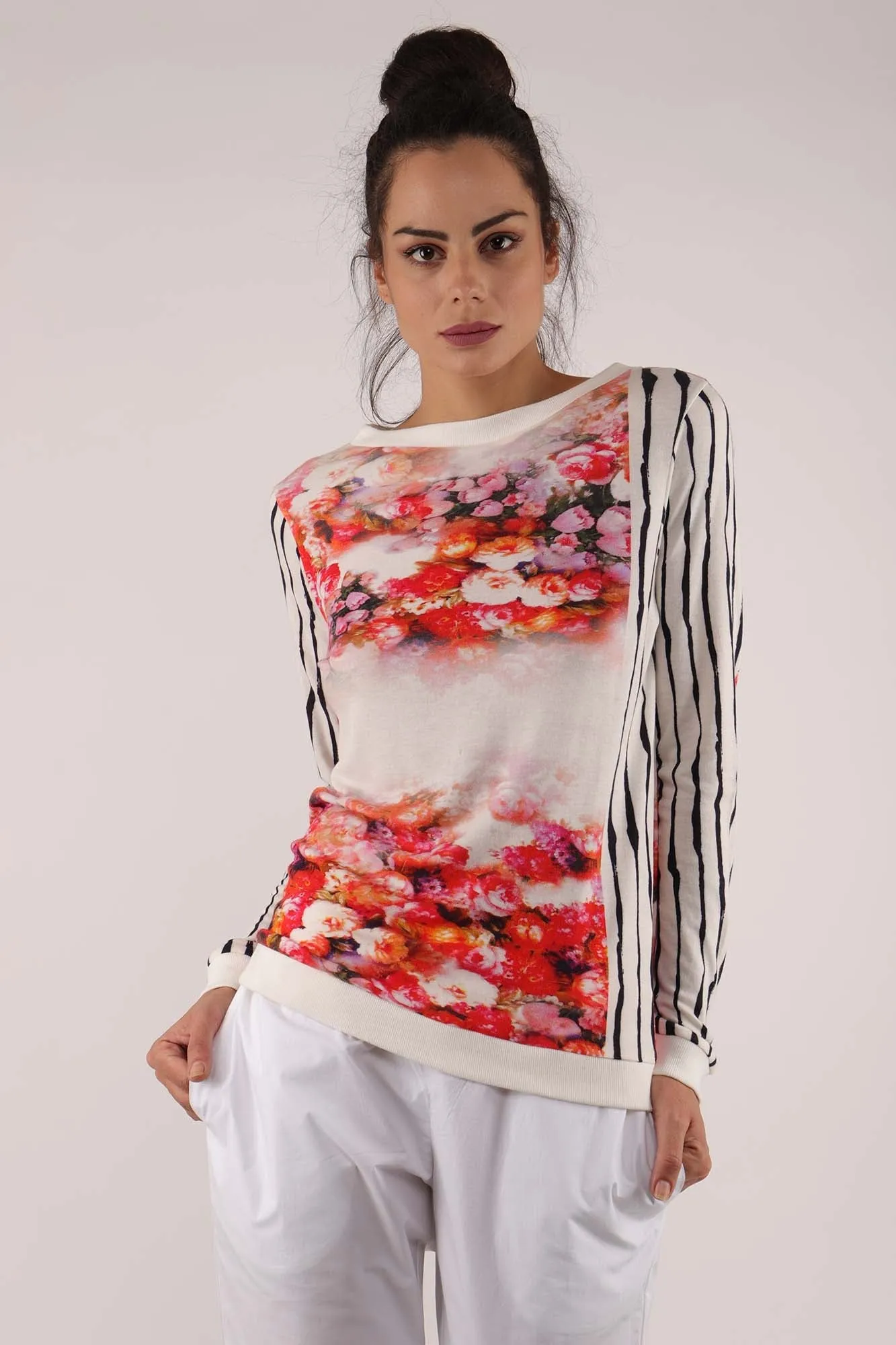 White & Red Floral Modal Cotton Sweater