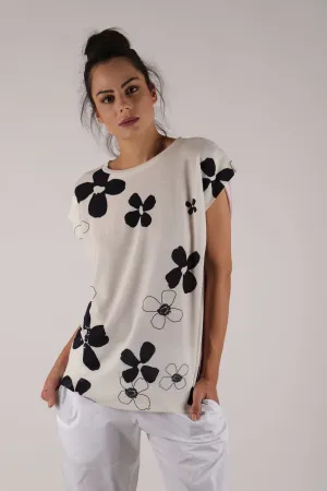 White Floral Half Sleeve Modal Cotton Sweater