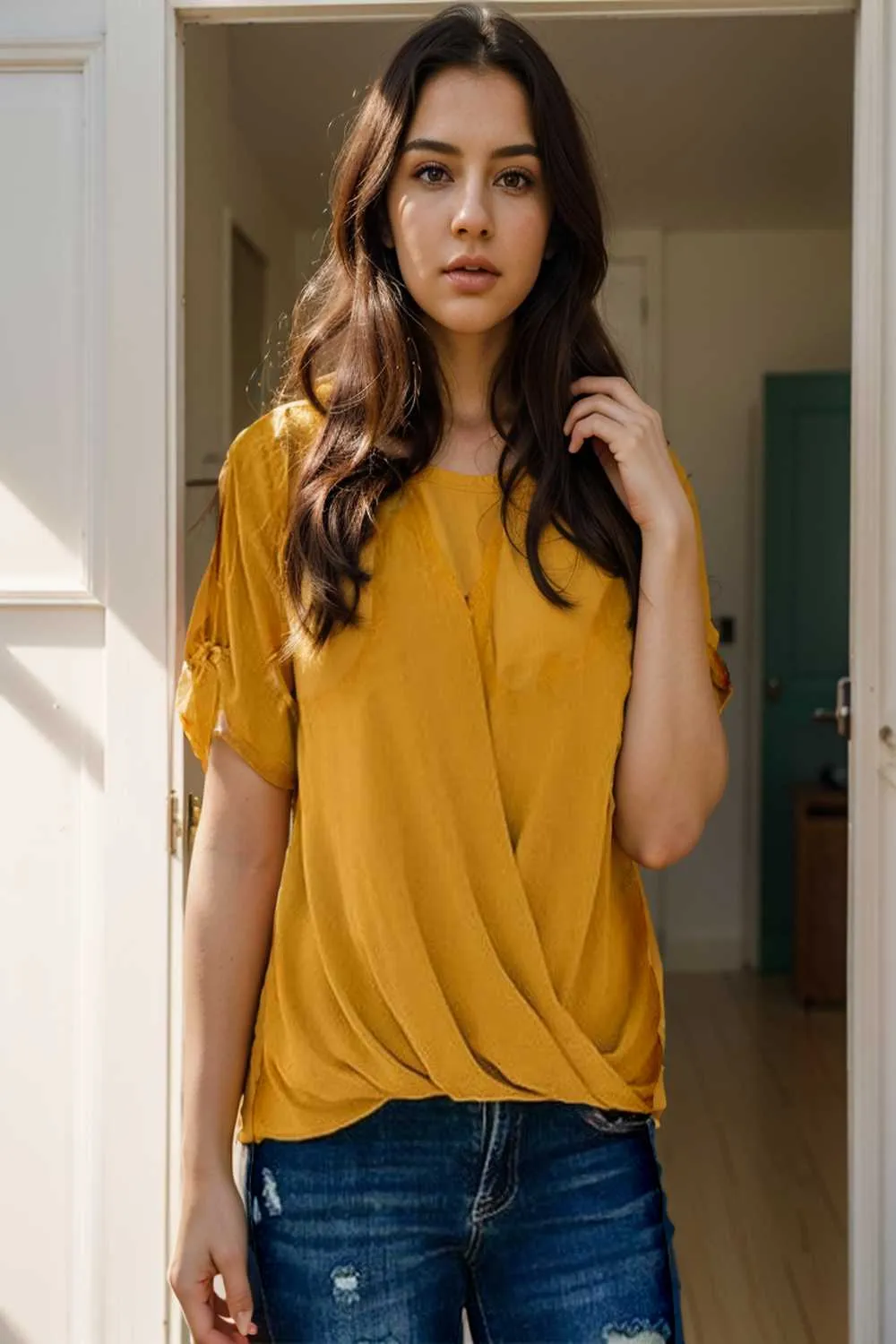 women s blouses loose solid belted long sleeve blouse