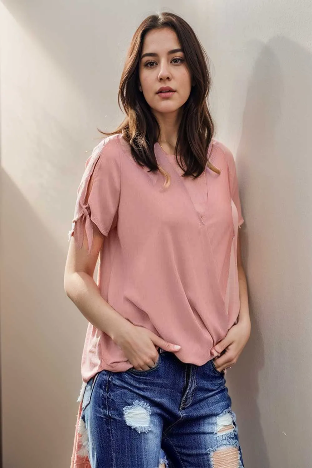 women s blouses loose solid belted long sleeve blouse