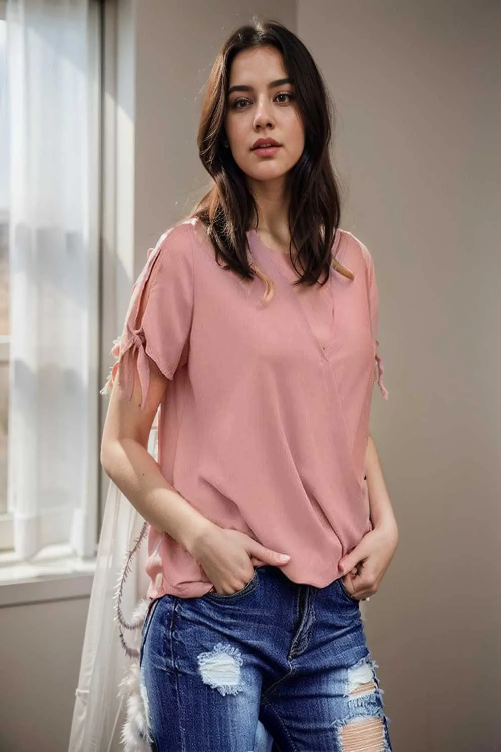 women s blouses loose solid belted long sleeve blouse