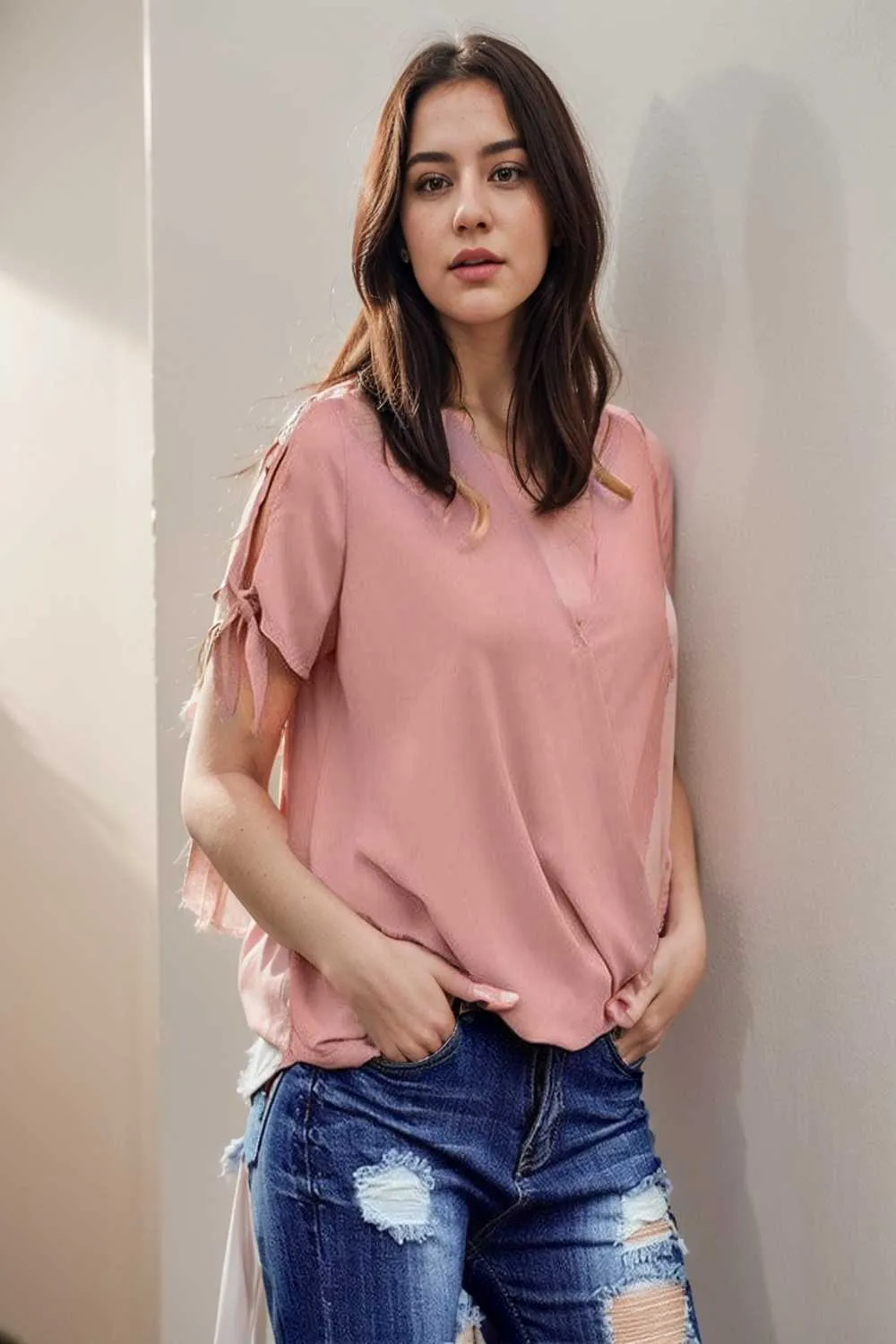 women s blouses loose solid belted long sleeve blouse