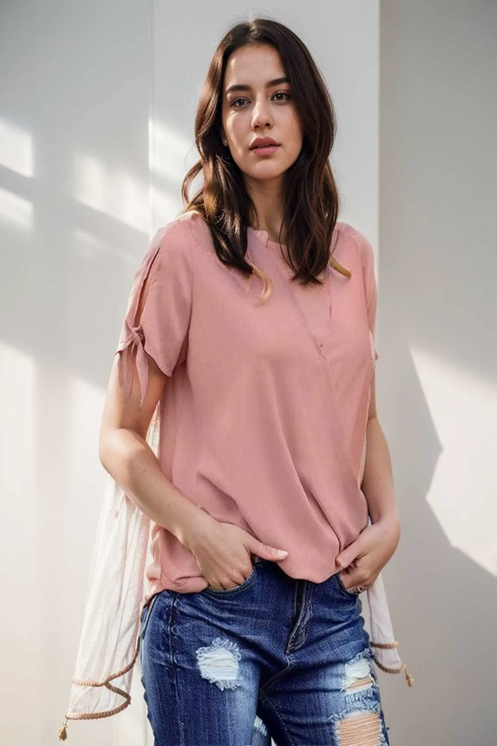 women s blouses loose solid belted long sleeve blouse
