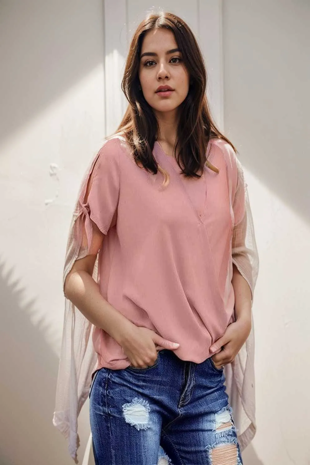 women s blouses loose solid belted long sleeve blouse