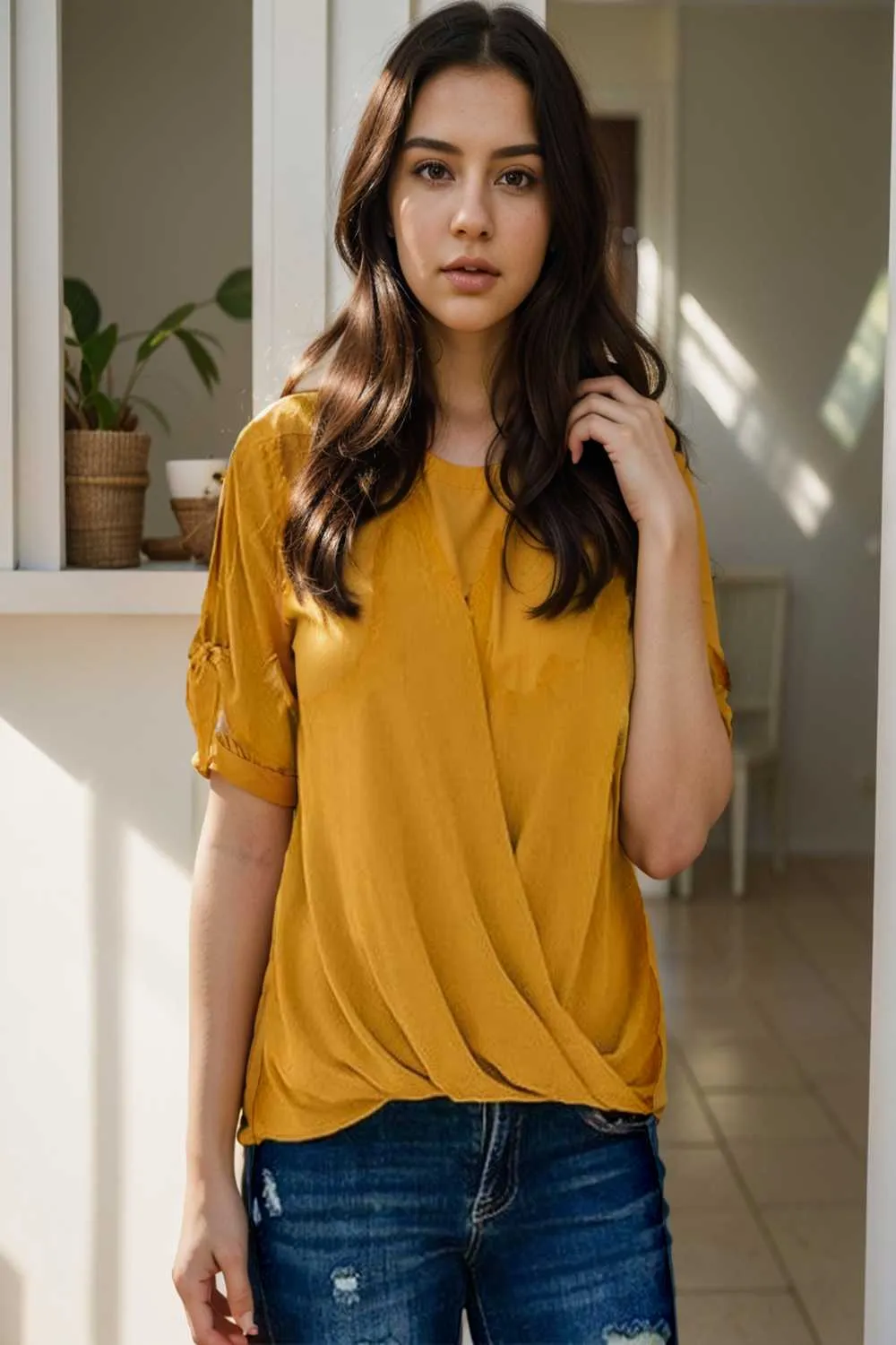 women s blouses loose solid belted long sleeve blouse