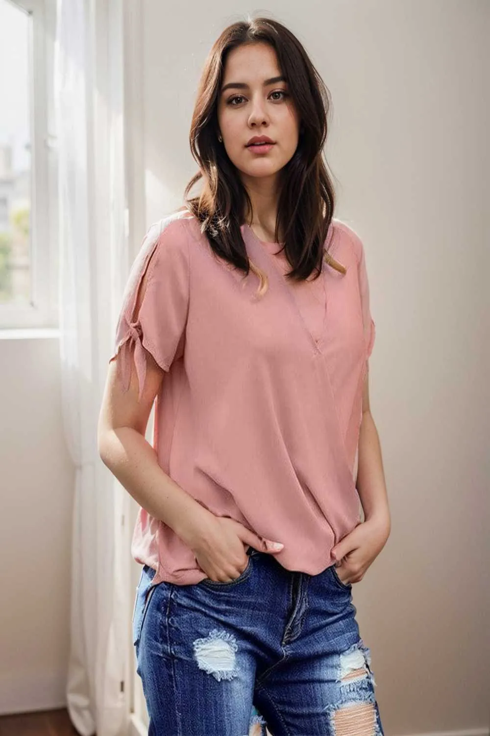 women s blouses loose solid belted long sleeve blouse