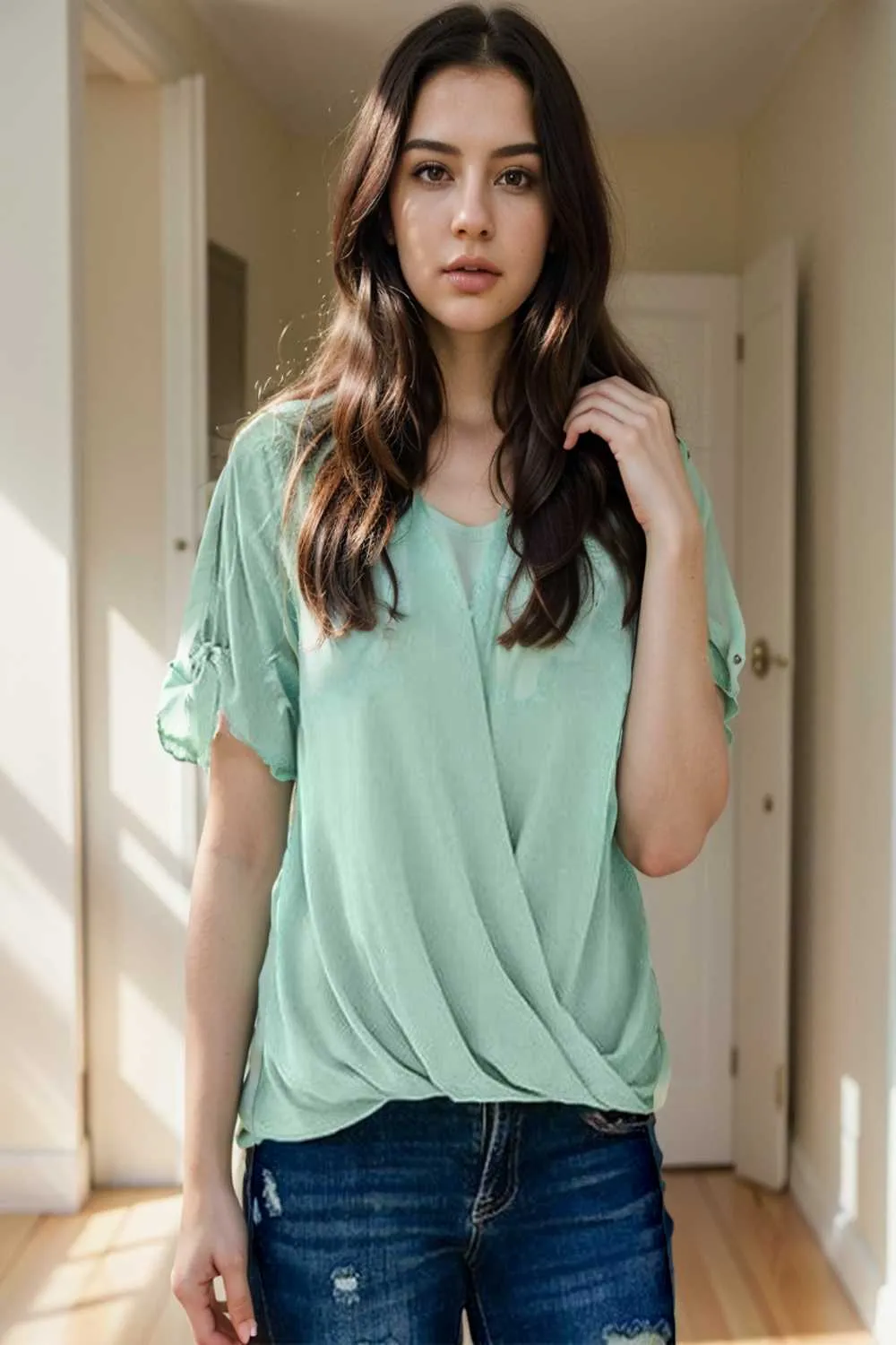 women s blouses loose solid belted long sleeve blouse
