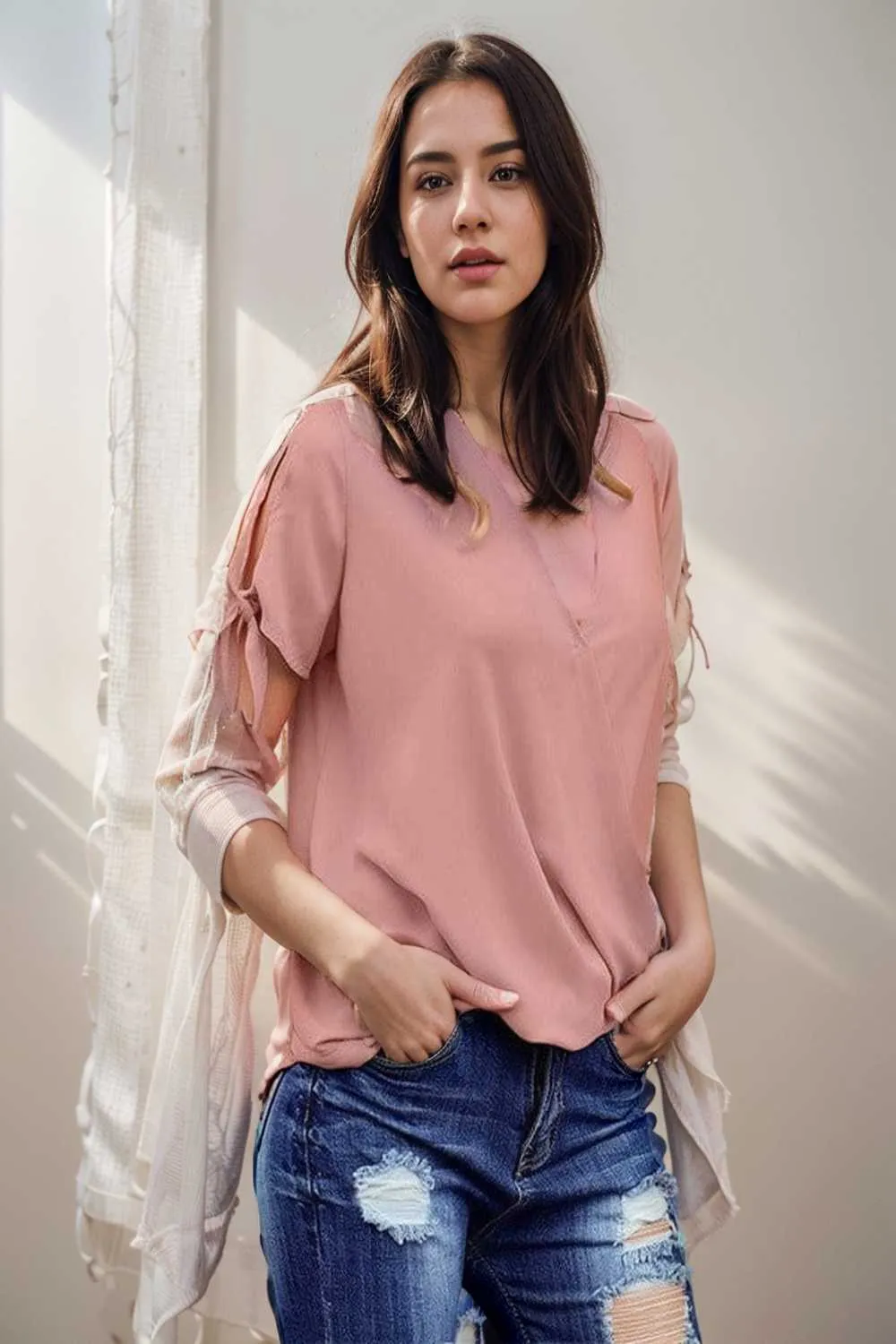 women s blouses loose solid belted long sleeve blouse
