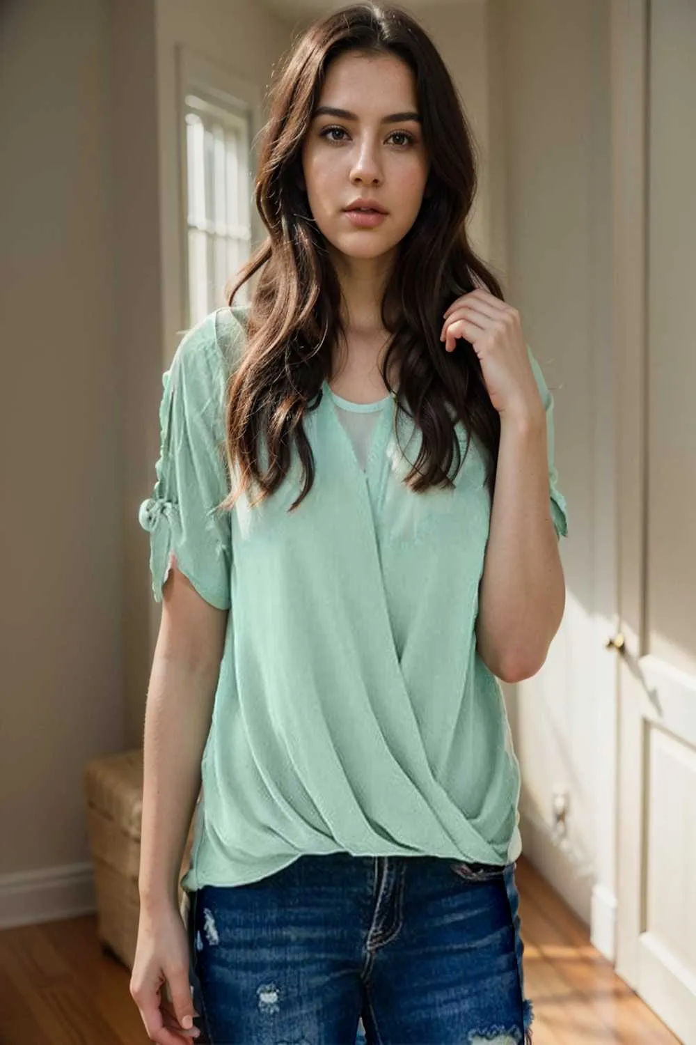 women s blouses loose solid belted long sleeve blouse