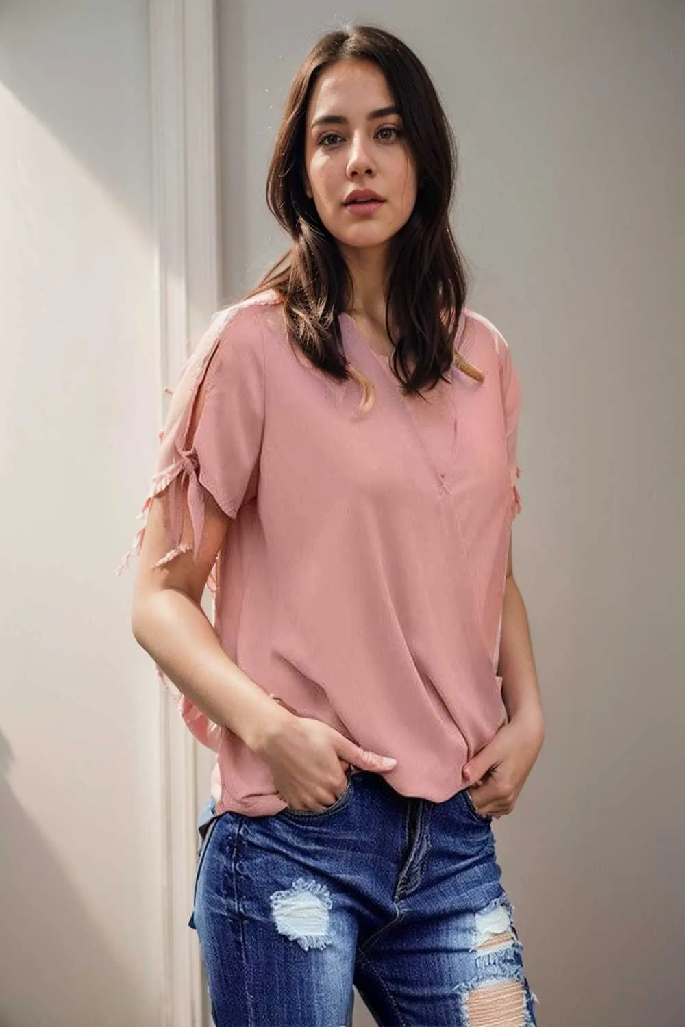women s blouses loose solid belted long sleeve blouse