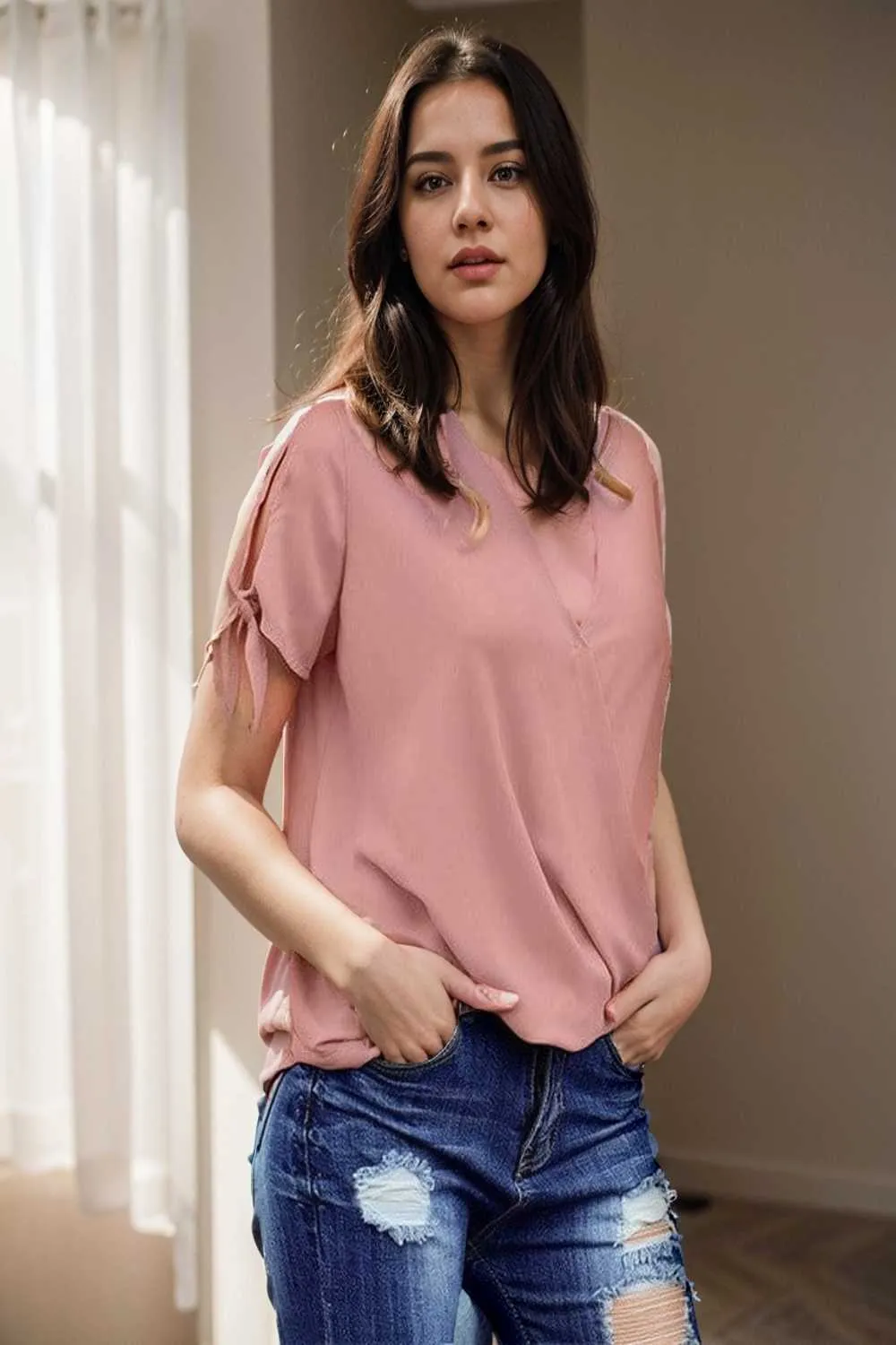 women s blouses loose solid belted long sleeve blouse