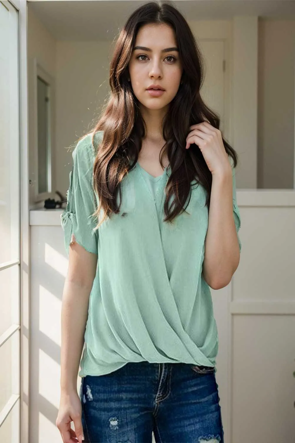 women s blouses loose solid belted long sleeve blouse