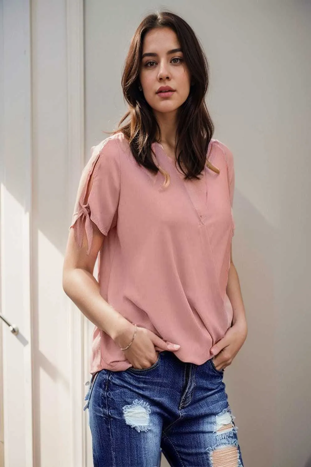 women s blouses loose solid belted long sleeve blouse