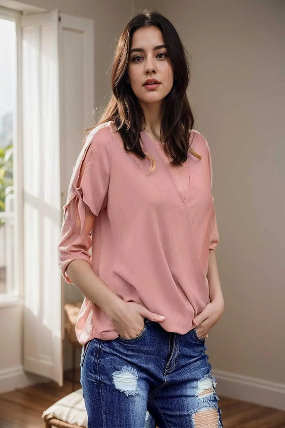 women s blouses loose solid belted long sleeve blouse