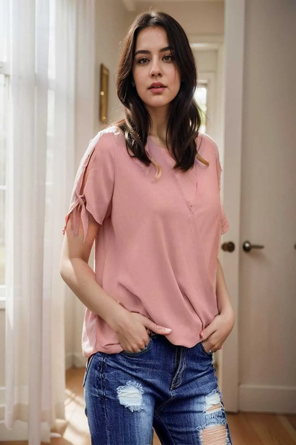 women s blouses loose solid belted long sleeve blouse