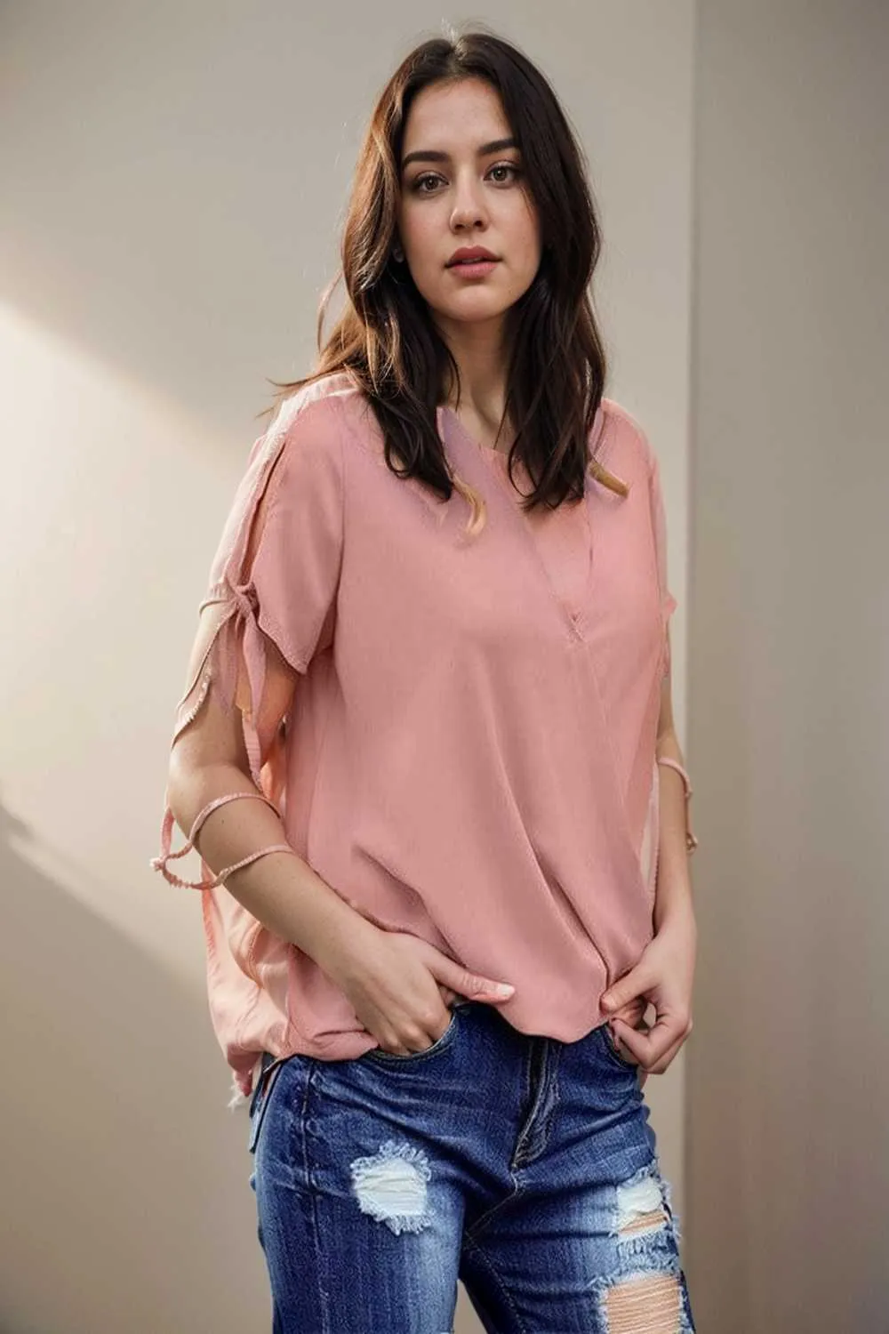 women s blouses loose solid belted long sleeve blouse