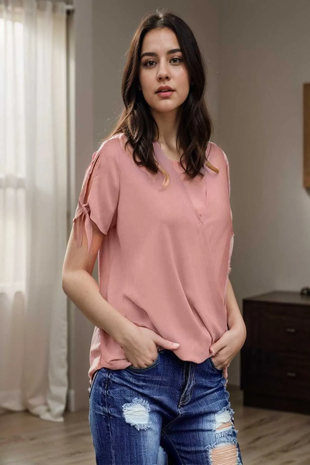 women s blouses loose solid belted long sleeve blouse
