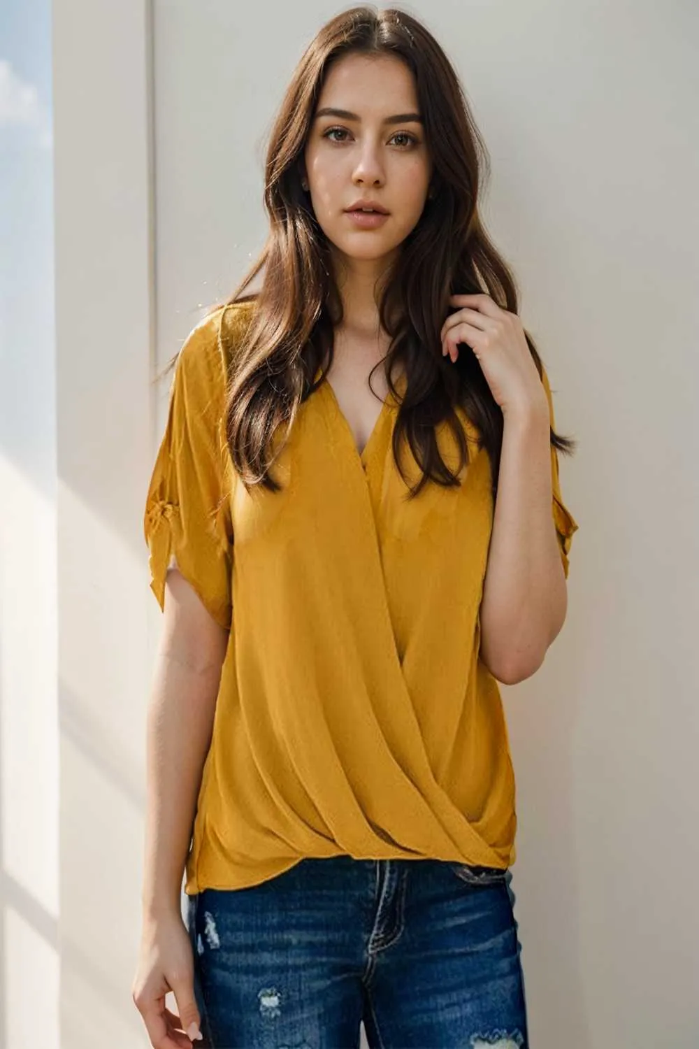 women s blouses loose solid belted long sleeve blouse