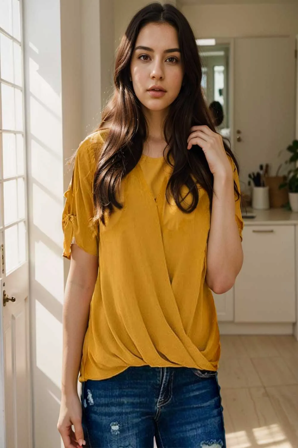 women s blouses loose solid belted long sleeve blouse