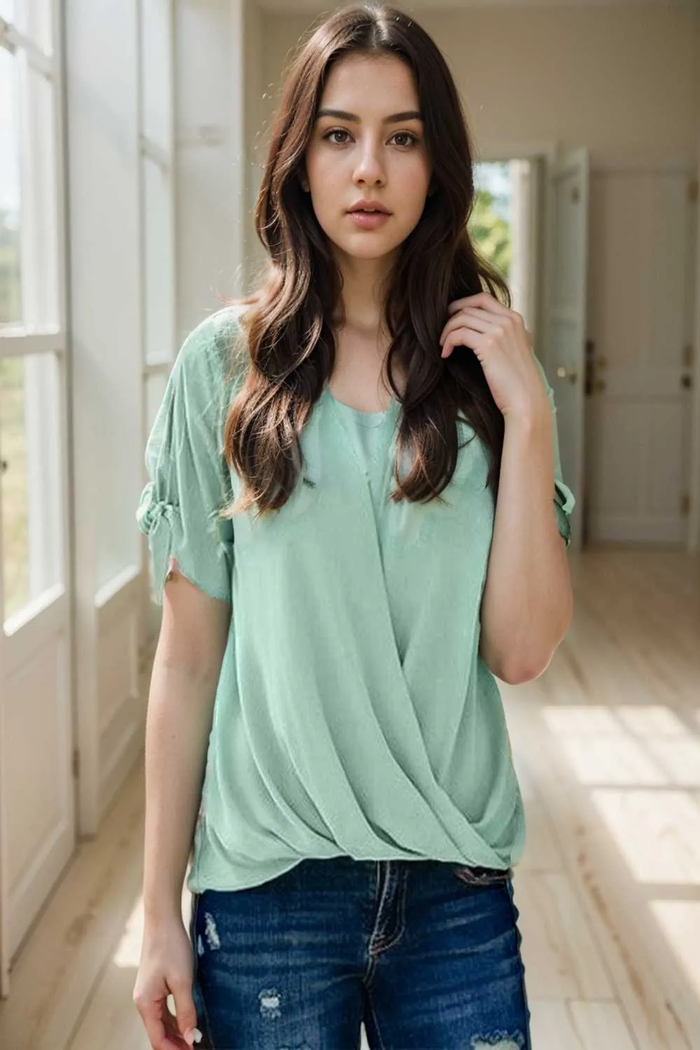 women s blouses loose solid belted long sleeve blouse