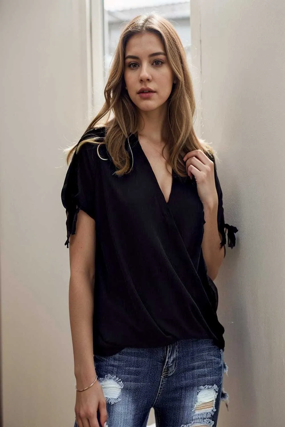 women s blouses loose solid belted long sleeve blouse